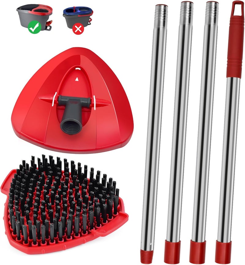 GFRED 4 Part Stainless Steel Spin Mop Handles, Mop Base & Upgrade Scrub Brush Combo for Ocedar EasyWring 1 Tank Spin Mop System, Mop Handle Mop Base & Brush Set for O Cedar Mop, Universal Thin Screw Joints - Image 1